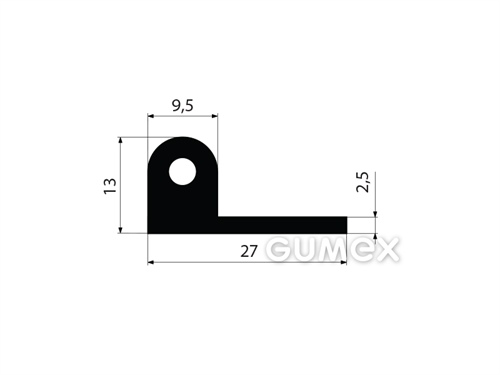 Gumový profil tvaru "P" s dutinkou, 27x13/2,5mm, 70°ShA, EPDM, -40°C/+100°C, čierny